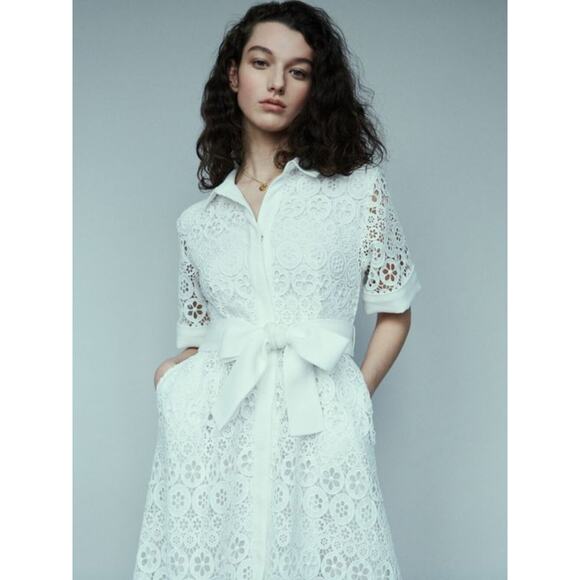 Maje Dresses & Skirts - Maje White Eyelet Lace Tie-Belt Shirt Dress Spring Summer Size 4